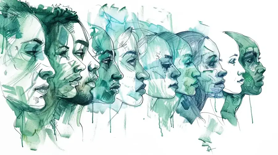 A series of diverse avatar faces drawn in profile, overlapping in mint green and blue watercolor tones.