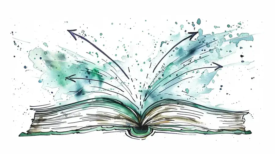 An open book with arrows branching out in multiple directions, surrounded by watercolor splashes in mint green and blue.