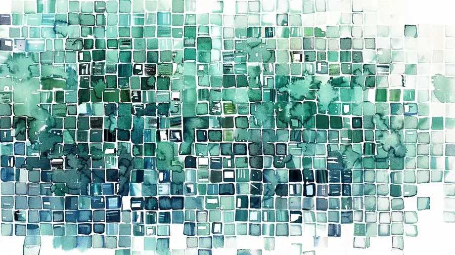 A grid of hundreds of small rectangular video thumbnails in mint green and blue watercolor tones.