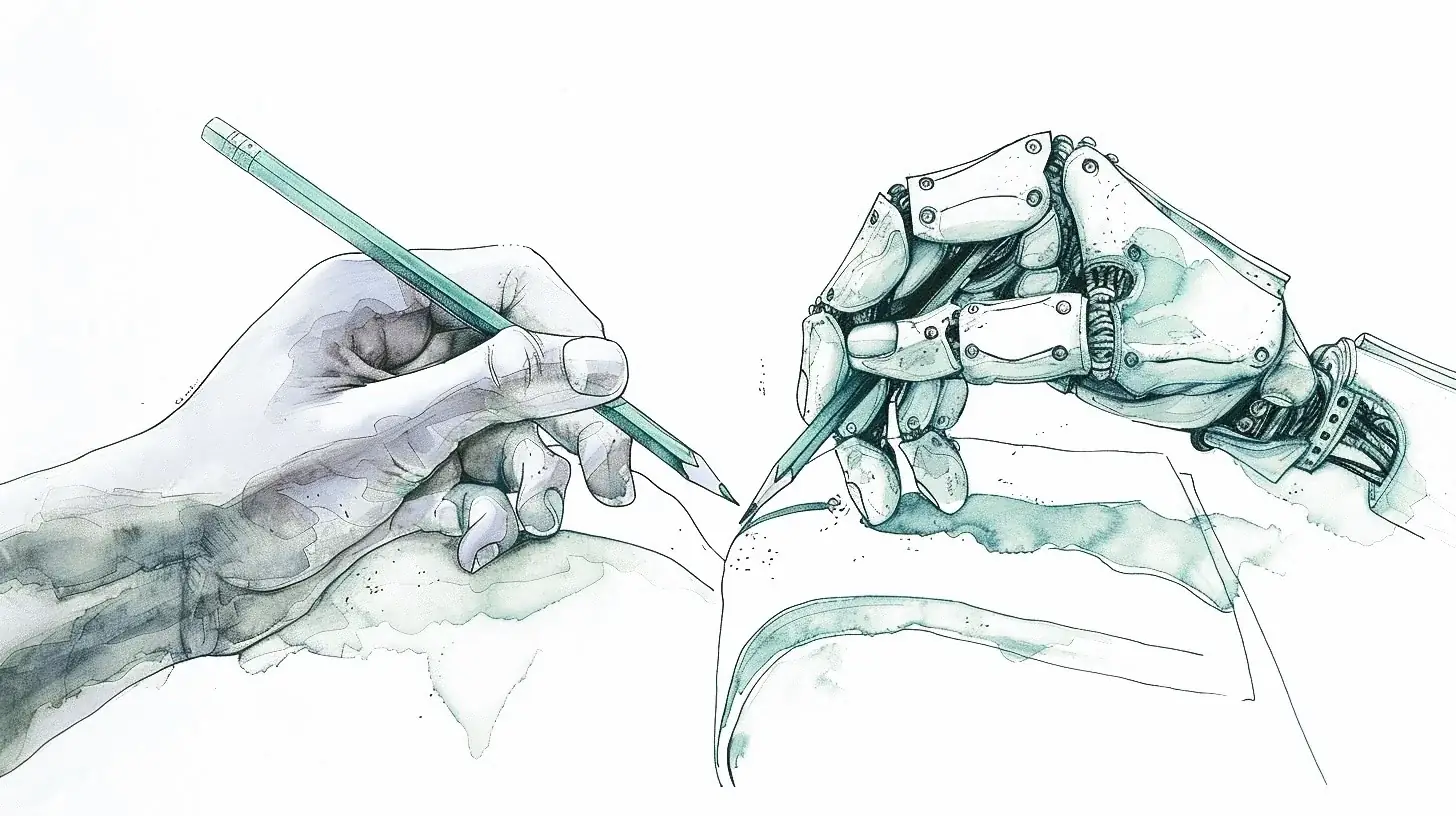 A human hand and a robotic hand each holding a pencil, drawing together on the same page.