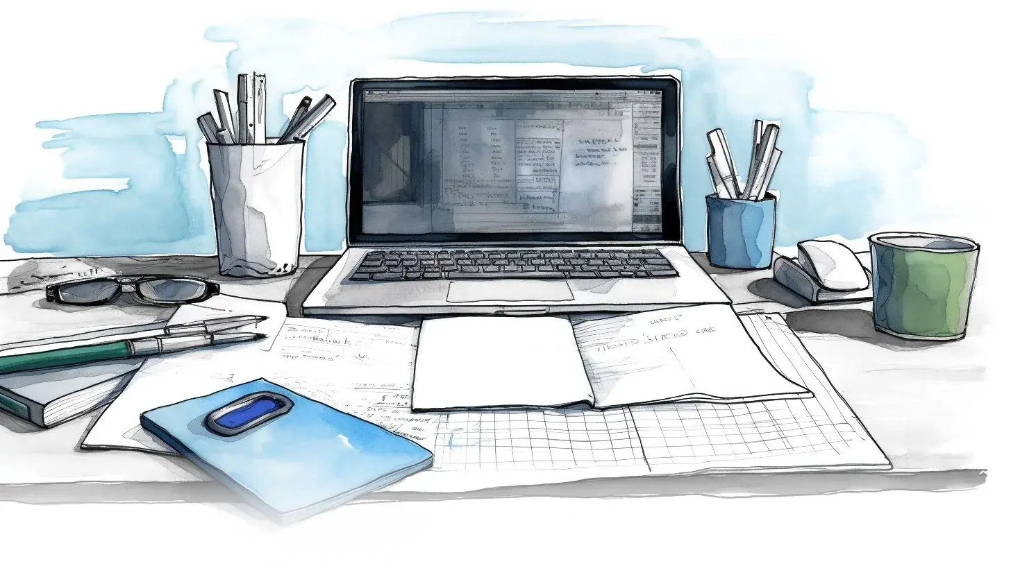 A working station with a computer, information, tools and tech to create an online course.