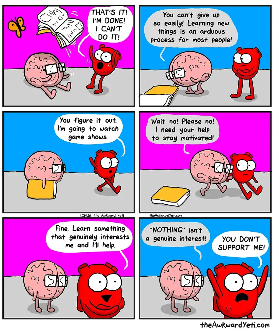 Heart and Brain discussing motivation in a comic strip - The Awkward Yeti